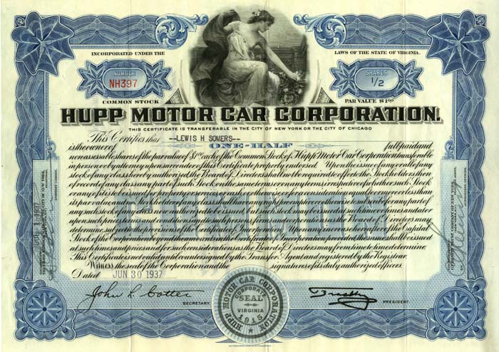 Hupp Motor Car Corp - Stock Certificate